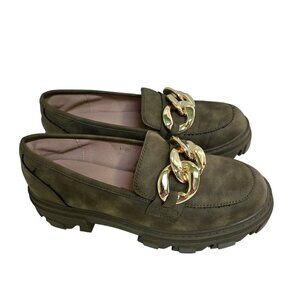 Alta Moda Super Chunky Olive Green Gold Chain Vegan Leather Loafers Size 41